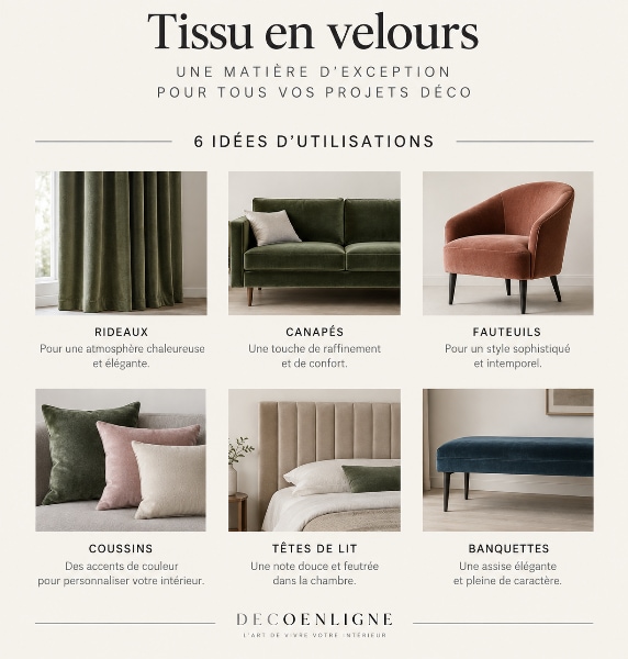 Infographie présentant les principales utilisations d'un tissu en velours pour la décoration intérieure : rideaux, canapés, fauteuils, coussins, têtes de lit et banquettes.